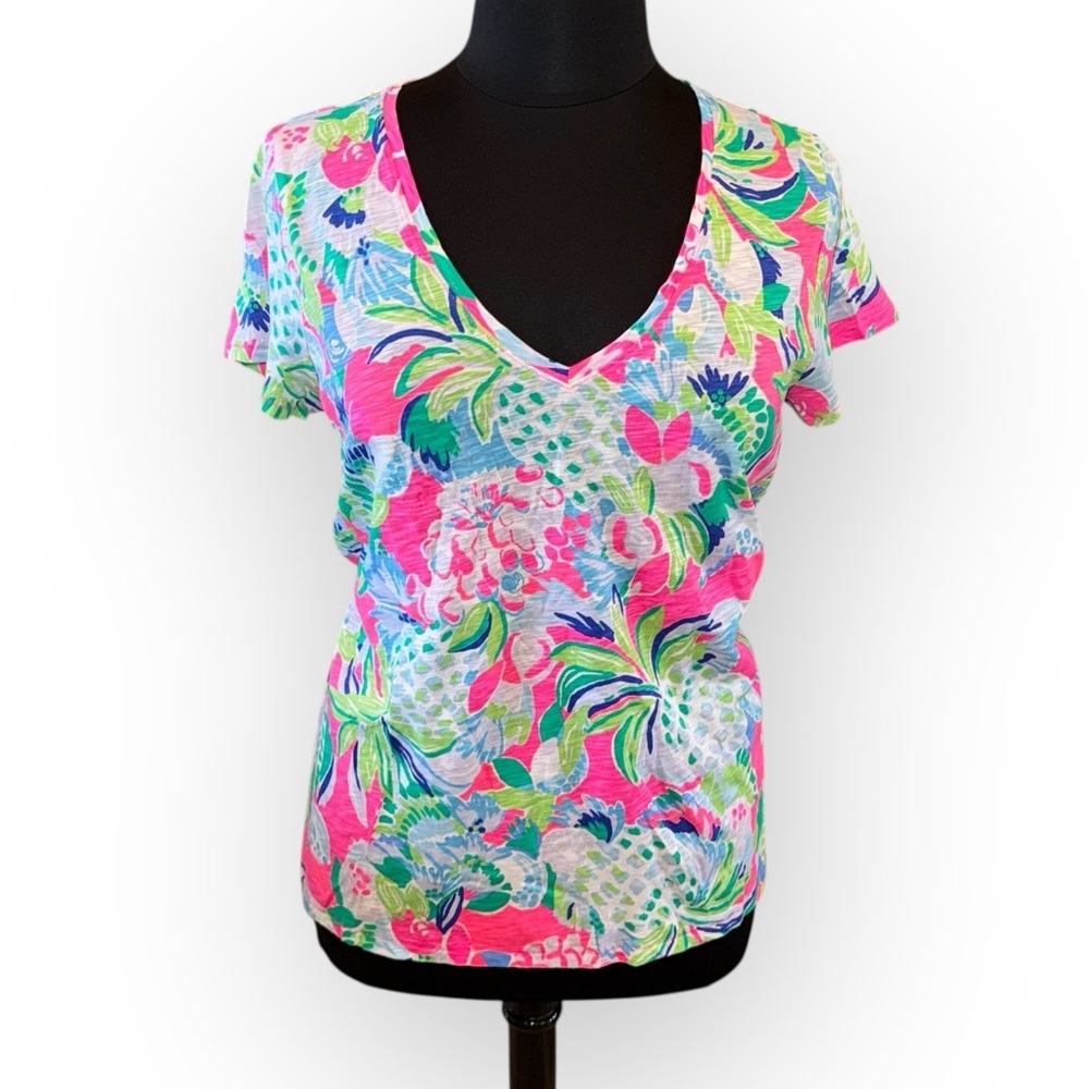 Lilly Pulitzer Etta V-Neck Cotton Top “Raise The Bar” Pink Pineapple XL - Picture 5 of 12